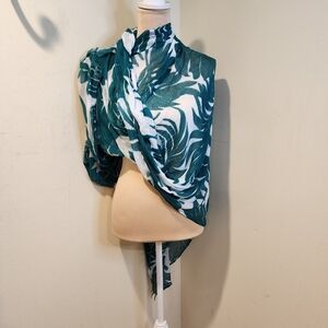 Teal and White Leaf Print Large  Scarf
